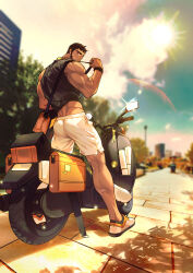 Rule 34 | 1boy, absurdres, alternate costume, ass, bag, baimeme, bara, beard, black hair, calf, clothes lift, cloud, cloudy sky, dark-skinned male, dark skin, dungeon and fighter, facial hair, from behind, full body, highres, large pectorals, looking at viewer, looking back, male focus, male priest (dungeon and fighter), mature male, muscular, muscular male, on motorcycle, pectorals, shirt, shirt lift, shoes, short hair, shorts, shoulder bag, side slit, sky, solo, sunlight, tan, tank top, thick eyebrows, watch, white shorts, wristwatch