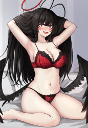 Rule 34 | 1girl, :d, absurdres, ahoge, aoikito lavender086, barefoot, black hair, black wings, blue archive, blush, bra, breasts, cleavage, fang, hair lift, halo, highres, large breasts, long hair, low wings, navel, open mouth, panties, red bra, red eyes, red panties, sitting, smile, solo, stomach, thighs, tsurugi (blue archive), underwear, very long hair, wariza, wings