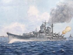 atelier_bono battle battle_damage cruiser firing highres imperial_japanese_army mikuma_(cruiser) military_vehicle naval_battle no_humans ocean original ship smoke traditional_media turret vehicle_focus warship watercraft