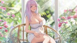 Rule 34 | 1girl, azur lane, bare arms, bare shoulders, blush, breasts, cleavage, dan-98, day, flower, highres, large breasts, leaf, long hair, looking at viewer, parted lips, patreon logo, patreon username, pink eyes, pink hair, pixiv logo, pixiv username, plant, plymouth (azur lane), red flower, shirt, sitting, skirt, smile, solo, strapless, strapless shirt, sunlight, thighs, white shirt, white skirt, window