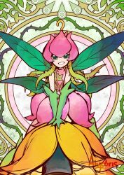 Rule 34 | artist name, boots, detached sleeves, digimon, digimon (creature), dress, fairy, fairy wings, finalelysion, green eyes, green footwear, green hair, green sleeves, holding cannon, lilimon, looking at viewer, monster girl, parted lips, pink dress, plant, plant hair, smile, vines, wings
