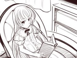 Rule 34 | 1girl, boa (brianoa), book, chair, closed mouth, dress, gosick, greyscale, long hair, looking at viewer, monochrome, solo, victorica de blois