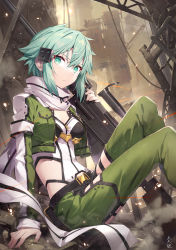 Rule 34 | 1girl, anti-materiel rifle, belt, black belt, breasts, cleavage, closed mouth, commentary request, duplicate, feet out of frame, from side, gabiran, green eyes, green hair, green jacket, green pants, gun, hair ornament, hairclip, highres, jacket, medium breasts, medium hair, multicolored clothes, multicolored jacket, outdoors, pants, pixel-perfect duplicate, rifle, ruins, scarf, short hair, sinon, sitting, sniper rifle, solo, sword art online, translation request, two-tone jacket, weapon, white jacket, white scarf