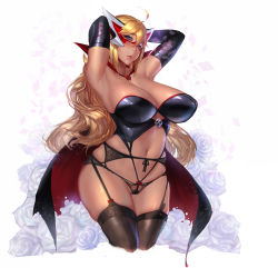 Rule 34 | 10s, 1girl, absurdres, ahoge, armpits, arms behind head, arms up, bare shoulders, black gloves, black panties, black thighhighs, blonde hair, blue eyes, blush, bow, breasts, cape, cowboy shot, curvy, doronjo, elbow gloves, flower, garter belt, garter straps, gloves, gtunver, highres, lace, lace-trimmed legwear, lace trim, large breasts, long hair, looking at viewer, mask, navel, panties, parted lips, partially visible vulva, red bow, rose, skull, solo, thick thighs, thighhighs, thighs, time bokan (series), underwear, wavy hair, white background, white flower, white rose, wide hips, yatterman, yoru no yatterman