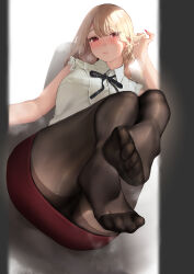 Rule 34 | 1girl, absurdres, barefoot, black pantyhose, blonde hair, blush, bracelet, breasts, clothes lift, clothes pull, eyelashes, feet, fine fabric emphasis, foot focus, heart, heart-shaped pupils, highres, inushima, jewelry, lace trim, large breasts, legs, long hair, looking at viewer, nail polish, neck ribbon, no shoes, original, panties, pantyhose, pencil skirt, red eyes, red nails, red skirt, ribbon, school uniform, shirt, sitting, skirt, skirt lift, skirt pull, sleeveless, sleeveless shirt, smell, soles, solo, spread toes, steaming body, sweat, symbol-shaped pupils, thighband pantyhose, toenail polish, toenails, toes, underwear, uniform, white shirt