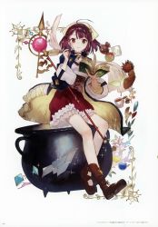 Rule 34 | 1girl, absurdres, atelier (series), atelier sophie, blush, book, boots, brown eyes, brown hair, cauldron, corset, cross-laced footwear, hat, highres, huge filesize, jewelry, lace-up boots, looking at viewer, necklace, noco (adamas), official art, open mouth, scan, short hair, skirt, smile, solo, sophie neuenmuller, staff