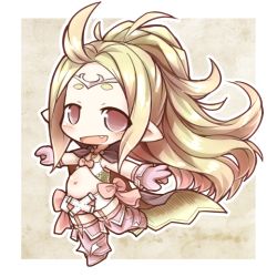 Rule 34 | 1girl, ahoge, armor, belly, blonde hair, blush, bow, cape, chibi, circlet, crab man, fang, fire emblem, fire emblem awakening, garter straps, gloves, leg up, long hair, navel, nintendo, nowi (fire emblem), open mouth, outstretched arms, pink eyes, pointy ears, ponytail, solo, thighhighs, zettai ryouiki