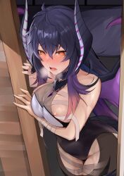Rule 34 | 1girl, absurdres, areola slip, bandages, blush, breasts, doorway, dragon, dragon girl, dragon horns, dragon tail, dragon wings, highres, horns, hoshara, indie virtual youtuber, indoors, jewelry, kimochi (vtuber), large breasts, long hair, multicolored hair, necklace, open mouth, purple hair, shouji, sliding doors, sweat, tail, thighs, virtual youtuber, wings, yellow eyes