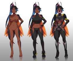 Rule 34 | 1girl, antennae, armor, arthropod girl, barefoot, bee girl, black hair, black pants, blue hair, breasts, character sheet, commentary, d-rex, dark skin, fangs, fishnets, flower, full body, gloves, gradient background, grey background, hair flower, hair ornament, hair over one eye, hand on own hip, high heels, insect girl, insect wings, large breasts, long hair, long sleeves, looking at viewer, mask, medium breasts, midriff, mouth mask, multicolored hair, multiple views, navel, nipples, nude, original, pants, pink-flwoer, pink flower, puffy short sleeves, puffy sleeves, pussy, short sleeves, smile, standing, two-tone hair, underboob, variations, wasp girl, white background, wings