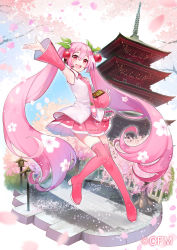 Rule 34 | 1girl, absurdres, architecture, armpits, bare shoulders, belt, boots, cherry blossom print, cherry blossoms, cherry hair ornament, commentary, crypton future media, detached sleeves, east asian architecture, falling petals, floral print, food-themed hair ornament, hair ornament, hatsune miku, headphones, headset, highres, lantern, long hair, looking at viewer, mamo (fortune-mm), miniskirt, necktie, official art, open mouth, outstretched arm, pagoda, petals, pink eyes, pink hair, pink necktie, pink skirt, pink thighhighs, pleated skirt, road, sakura miku, shirt, skirt, sleeveless, sleeveless shirt, smile, solo, thigh boots, thighhighs, tree, twintails, very long hair, vocaloid, white shirt