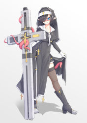 Rule 34 | 1girl, black footwear, black hair, blue eyes, breasts, collared dress, cross, dress, full body, gloves, gradient background, grey background, habit, hair over one eye, high heels, highres, kearful, latin cross, lifting own clothes, looking at viewer, medium hair, nun, original, pointy ears, sailor collar, semi-rimless eyewear, side slit, small breasts, solo, tentacles, thighhighs, white background, white gloves