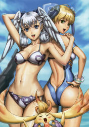Rule 34 | 2girls, arm up, armpits, ass, back, bare shoulders, bikini, blonde hair, blue eyes, blush, butt crack, collarbone, eiwa, fiora (xenoblade), from behind, green eyes, hand on own hip, head wings, highres, hip focus, holding hands, looking at viewer, melia antiqua, midriff, multiple girls, navel, nintendo, ocean, official art, one-piece swimsuit, open mouth, outdoors, riki (xenoblade), short hair, silver hair, sky, smile, standing, swimsuit, thighs, wide hips, wings, xenoblade chronicles (series)
