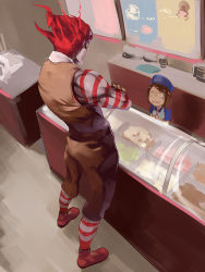 Rule 34 | 1boy, 1girl, asutora, brown hair, brown pants, brown vest, commentary request, crossed arms, dio brando, food, hat, ice cream, indoors, jojo no kimyou na bouken, jojo pose, mcdonald&#039;s, muscular, open mouth, pants, red footwear, red hair, ronald mcdonald, scared, shoes, socks, standing, striped clothes, striped legwear, striped socks, tearing up, tears, vest, wide-eyed, yellow eyes