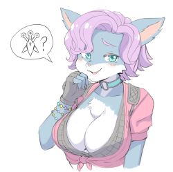 Rule 34 | 1girl, :3, blue eyes, blush, breasts, choker, cleavage, fang, furry, furry female, jalm, large breasts, looking at viewer, o-ring, o-ring choker, paladins, pepper (paladins), purple hair, red shirt, shirt, short sleeves, simple background, smile, solo, tied shirt, upper body, white background