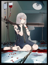 Rule 34 | 1girl, artist name, bandages, bandaid, bandaid on arm, bandaid on leg, bed, blood, chain, collar, dated, drain (object), grey hair, hands up, hospital bed, indoors, intravenous drip, looking at viewer, nyakamame, original, pill, red eyes, sleeveless, syringe, tattoo, wristband