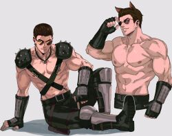 Rule 34 | 1boy, adjusting eyewear, animal ears, armor, armored boots, bara, belt, black belt, black gloves, black hair, black pants, boots, cat boy, cat ears, chris redfield, closed mouth, facial hair, fingerless gloves, gloves, grey background, highres, jewelry, large pectorals, male focus, muscular, muscular male, necklace, official alternate costume, pants, pectorals, resident evil, resident evil 5, short hair, shoulder armor, shoulder pads, shoulder spikes, simple background, sitting, smile, spikes, teeth, tirtyturtle, twitter username