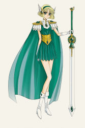 Rule 34 | 1990s (style), 1girl, armor, bad id, bad pixiv id, blonde hair, boots, cape, epaulettes, full body, gloves, green eyes, green skirt, hairband, head wings, highres, hououji fuu, juliettefwong, knee boots, long legs, magic knight rayearth, no eyewear, official alternate costume, pleated skirt, retro artstyle, skirt, sword, weapon, white background, wings