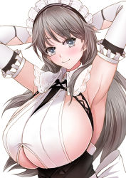 Rule 34 | 1girl, armpits, arms behind head, azur lane, breasts, charybdis (azur lane), clothing cutout, collared shirt, elbow gloves, gloves, grey eyes, grey hair, highres, huge breasts, long hair, looking at viewer, presenting armpit, sai-go, shirt, simple background, smile, solo, underboob cutout, upper body, white background, white gloves, white shirt