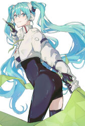 Rule 34 | 1girl, aqua eyes, aqua hair, ass, asymmetrical bodysuit, black bodysuit, black gloves, bodysuit, boots, closed mouth, commentary, cowboy shot, cropped jacket, flag, flagpole, from behind, gloves, green flag, green gloves, hatsune miku, highres, holding, holding flag, holding pole, jacket, long hair, long sleeves, looking at viewer, looking back, pole, race queen, racing miku, racing miku (2022), shionagi hagi, single leg bodysuit, single thigh boot, single thighhigh, smile, solo, thigh boots, thighhighs, twintails, two-tone gloves, very long hair, vocaloid, wavy hair, white jacket