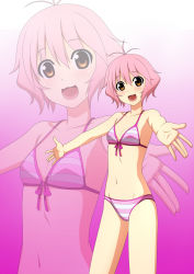 Rule 34 | 1girl, antenna hair, bare shoulders, bikini, blush, front-tie bikini top, front-tie top, gradient background, harukaze asuna, highres, kenken, looking at viewer, navel, open mouth, orange eyes, outstretched arms, pink bikini, pink hair, short hair, smile, softenni, solo, standing, striped bikini, striped clothes, swimsuit, zoom layer