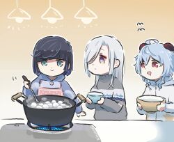 Rule 34 | 3girls, ahoge, alternate costume, apron, black hair, blue eyes, blue hair, blue hoodie, boiling, bowl, chinese commentary, closed mouth, commentary request, cooking, drooling, food, ganyu (genshin impact), genshin impact, goat horns, gradient background, gradient hair, green eyes, grey hair, grey sweater, hair between eyes, hair over one eye, hand up, holding, holding bowl, hood, hoodie, horns, lamp, long hair, long sleeves, looking at another, looking down, multicolored eyes, multicolored hair, multiple girls, open mouth, orange background, pink apron, polka dot, polka dot apron, puffy long sleeves, puffy sleeves, purple eyes, saucepan, shenhe (genshin impact), short hair, sidelocks, single stripe, smile, standing, star (symbol), star print, steam, striped clothes, striped sweater, sweater, table, tongue, turtleneck, turtleneck sweater, v-shaped eyebrows, water, white background, white hoodie, xinzoruo, yelan (genshin impact), yellow eyes