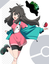 Rule 34 | 1girl, bike shorts, brown hair, creatures (company), eyelashes, game freak, green hat, hair between eyes, hat, highres, leaf (pokemon), leaf (sygna suit) (pokemon), long hair, long sleeves, md5 mismatch, nintendo, official alternate costume, open mouth, pink shirt, poke ball, poke ball symbol, pokemon, pokemon masters ex, resolution mismatch, sakuraidai, shirt, shoes, sneakers, solo, source larger