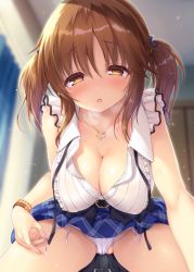 Rule 34 | 1boy, 1girl, belt, blush, bracelet, breasts, brown eyes, brown hair, cameltoe, cleavage, commentary request, curtains, fingernails, heart, heart necklace, heavy breathing, highres, idolmaster, idolmaster cinderella girls, indoors, jewelry, large breasts, looking at viewer, mikagami mamizu, necklace, open mouth, panties, pantyshot, pov, scrunchie, side-tie panties, sitting, skirt, solo focus, spread legs, straddling, string pull, sweat, totoki airi, twintails, underwear