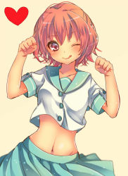 Rule 34 | 10s, arms up, bad id, bad pixiv id, heart, kantai collection, kinu (kancolle), looking at viewer, midriff, mitsuhachi8, navel, one eye closed, red eyes, red hair, school uniform, serafuku, short hair, smile, solo, tongue
