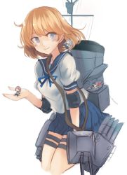 Rule 34 | 10s, 4girls, blue eyes, blush, breasts, brown hair, elbow pads, fairy (kancolle), kantai collection, kneeling, looking at viewer, mini person, minigirl, multiple girls, oboro (kancolle), remodel (kantai collection), rigging, school uniform, serafuku, short hair, simple background, small breasts, smile, smokestack, strap, thigh strap, torpedo, turret, utopia, white background