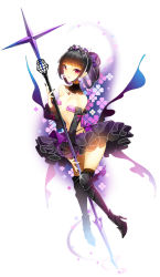 Rule 34 | 10s, 1girl, armor, black hair, black nails, black princess, black skirt, boots, breasts, cross, cross necklace, detached sleeves, earrings, full body, high heels, holding, holding weapon, jewelry, long sleeves, nail polish, navel, necklace, red eyes, revealing clothes, roh nam kyung, six heart princess, skirt, small breasts, smile, solo, teiue tamaki, tiara, weapon, white background