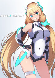 Rule 34 | 1girl, absurdres, angela balzac, bare shoulders, blonde hair, blue eyes, breasts, covered navel, deva battle suit, elbow gloves, gloves, gluteal fold, grin, hand on own hip, headgear, highleg, highleg leotard, highres, large breasts, leotard, long hair, looking at viewer, low twintails, nise no tsubo, rakuen tsuihou, smile, solo, thigh strap, twintails, very long hair