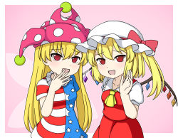 Rule 34 | 2girls, american flag dress, ascot, blonde hair, blush, border, bow, breasts, clownpiece, collarbone, collared shirt, commentary request, crystal, dress, fairy wings, flandre scarlet, hair between eyes, hand up, hat, hat bow, highres, jester cap, jewelry, long hair, looking at viewer, medium breasts, mob cap, multicolored wings, multiple girls, neck ruff, okamochi (pi-chiki), one side up, open mouth, outside border, pink bow, pink headwear, polka dot, puffy short sleeves, puffy sleeves, red dress, red eyes, shirt, short hair, short sleeves, smile, standing, star (symbol), star print, striped clothes, striped dress, touhou, white border, white headwear, white shirt, wings, yellow ascot