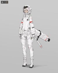 Rule 34 | 1girl, astronaut, boots, brown eyes, closed mouth, full body, gloves, grey background, helmet, jetpack, looking at viewer, neco, sidelocks, simple background, solo, space helmet, spacesuit, standing, white gloves, white hair