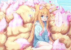 Rule 34 | 1girl, absurdres, animal ear fluff, animal ears, blonde hair, blue background, blue eyes, fluff, fox ears, fox girl, hair between eyes, heart, heavy breathing, highres, hood, hoodie, komuginyan, long hair, looking at viewer, multicolored hair, multiple tails, open mouth, original, pink hair, solo, spoken heart, tail, too many, too much fluff, translation request