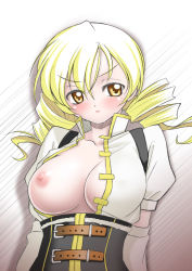 Rule 34 | 10s, 1girl, blonde hair, blush, breast slip, breasts, buckle, drill hair, elbow gloves, female focus, gloves, large breasts, long hair, magical girl, mahou shoujo madoka magica, mahou shoujo madoka magica (anime), nipples, no bra, one breast out, open clothes, orange eyes, puffy sleeves, sakura ryuuken, solo, tomoe mami, twin drills