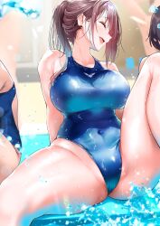 Rule 34 | 1boy, 3girls, 4girls, black hair, blue one-piece swimsuit, breasts, brown hair, closed eyes, commentary request, covered navel, facing to the side, highleg, highleg swimsuit, highres, large breasts, laughing, multiple girls, nylon (nylon 100), one-piece swimsuit, open mouth, original, outdoors, ponytail, poolside, school swimsuit, sitting, swimsuit, thighs, wet
