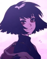 Rule 34 | 1girl, black hair, black shirt, blush, bob cut, breasts, brown eyes, brown jacket, close-up, closed mouth, commentary, floating hair, jacket, looking back, moshimoshibe, nonaka haru, nose blush, off shoulder, pink background, portrait, raised eyebrows, romaji commentary, shirt, short hair, small breasts, smile, solo, tearing up, texture, turning head, turtleneck, yesterday wo utatte