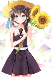 Rule 34 | 1girl, black dress, blue eyes, blush, braid, brown hair, commentary request, dress, flower, hair between eyes, hair flaps, hair ornament, hat, hat flower, highres, holding, holding flower, kantai collection, looking at viewer, naoto (tulip), sailor collar, sailor dress, shigure (kancolle), shigure kai ni (kancolle), simple background, single braid, sleeveless, sleeveless dress, smile, solo, straw hat, sunflower, white sailor collar, yellow flower