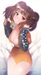 Rule 34 | 10s, 1girl, black gloves, blue eyes, blurry, bodysuit, breasts, brown hair, cleavage, collarbone, cowboy shot, depth of field, diane (nanatsu no taizai), elbow gloves, fingerless gloves, from side, gloves, grey hair, head tilt, hip focus, large breasts, leotard, light smile, long hair, looking at viewer, meto31, nanatsu no taizai, puffy sleeves, purple eyes, short twintails, smile, solo, standing, thighs, tree, twintails