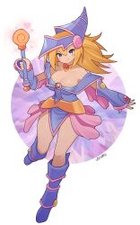 Rule 34 | 1girl, absurdres, blonde hair, blue footwear, blush, boots, breasts, cleavage, closed mouth, dark magician girl, full body, highres, knee boots, large breasts, long hair, looking at viewer, purple eyes, ryuusui arumo, smile, solo, yu-gi-oh!
