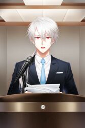 Rule 34 | 1boy, blue necktie, breast pocket, cheritz, collared shirt, formal, highres, holding, holding paper, lapels, long hair, low ponytail, male focus, microphone, necktie, official art, open mouth, paper, pocket, red eyes, shirt, solo, suit, susanghan messenger, teeth, third-party source, white hair, zen (susanghan messenger)