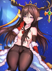 Rule 34 | 10s, 1girl, absurdres, antiqq, antlers, artist name, arulumaya, bad id, bad pixiv id, bell, black gloves, black pantyhose, blue background, blush, bow, bowtie, breasts, brown hair, cape, character name, christmas, closed mouth, collarbone, elbow gloves, floating hair, flower, fur-trimmed cape, fur-trimmed gloves, fur trim, gem, gloves, gradient eyes, granblue fantasy, green gemstone, hair between eyes, half-closed eyes, hand up, harvin, highres, horns, long hair, looking at viewer, medium breasts, mole, mole under eye, multicolored eyes, navel, nipples, no bra, pantyhose, parted bangs, pointy ears, purple eyes, red cape, red flower, red gloves, red rose, rose, shiny clothes, shiny skin, smile, solo, sparkle, thick thighs, thighs, tiara, topless, yellow eyes
