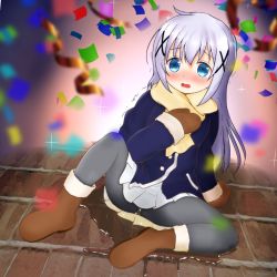 Rule 34 | 1girl, arm support, aruta (omoalta), black pantyhose, blue eyes, blue jacket, blush, boots, brown footwear, brown gloves, confetti, embarrassed, female focus, full body, fur trim, gloves, gochuumon wa usagi desu ka?, hair ornament, hand on own chest, hand up, highres, jacket, kafuu chino, long hair, long sleeves, looking at viewer, mittens, open mouth, pantyhose, peeing, peeing self, pleated skirt, puddle, silver hair, sitting, skirt, solo, spread legs, trembling, wet, wet clothes, white skirt, x hair ornament