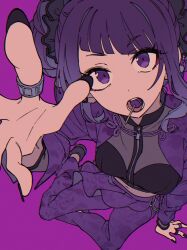 Rule 34 | 1girl, arm support, black nails, black scrunchie, black shirt, blunt bangs, breasts, candy, diagonal bangs, dot nose, food, food in mouth, from above, full body, grey footwear, hair ornament, hair scrunchie, highres, idolmaster, idolmaster shiny colors, jacket, jewelry, lollipop, long sleeves, looking at viewer, medium breasts, nail polish, navel, niyororinpayamaru, open mouth, pants, purple background, purple eyes, purple hair, purple jacket, purple pants, purple theme, reaching, reaching towards viewer, ring, scrunchie, shirt, shoes, short twintails, simple background, sitting, solo, tanaka mamimi, twintails, yokozuwari