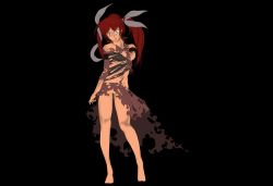 Rule 34 | 00s, 1girl, bare legs, barefoot, black background, dark, dress, full body, hair ribbon, legs apart, lyrical nanoha, mahou shoujo lyrical nanoha, mahou shoujo lyrical nanoha strikers, red eyes, red hair, ribbon, simple background, solo, standing, takamachi nanoha, thighs, torn clothes, torn dress, twintails
