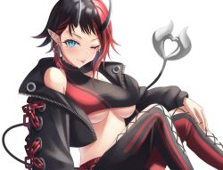 Rule 34 | 1girl, balflear (oe19nlud), black hair, black jacket, black pants, black sports bra, blue eyes, blush, breasts, closed mouth, commentary request, cropped jacket, cross-laced pants, demon girl, demon horns, demon tail, ear chain, ear piercing, earrings, feet out of frame, highres, horns, jacket, jewelry, looking at viewer, medium breasts, multicolored hair, nanashi inc., off shoulder, one eye closed, pants, piercing, pointy ears, red hair, red pants, red sports bra, ryugasaki rene, ryugasaki rene (1st costume), short hair, simple background, smile, solo, sports bra, sugar lyric, tail, tongue, tongue out, two-tone hair, two-tone sports bra, underboob, virtual youtuber, white background, zipper