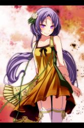 Rule 34 | 1girl, bad id, bad pixiv id, bare arms, bare shoulders, brown dress, collarbone, dress, flower, garter straps, hair flower, hair ornament, highres, letterboxed, licking thigh, long hair, looking at viewer, purple eyes, purple hair, ribbon, sleeveless, sleeveless dress, smile, solo, thighhighs, touhou, tsukishiro saika, tsukumo benben, twintails, very long hair, white thighhighs, zettai ryouiki