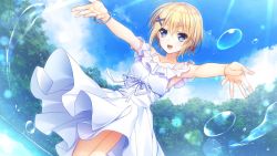 Rule 34 | 1girl, :d, armpits, bare arms, blonde hair, blue eyes, blue sky, bracelet, camus holmes, cloud, collarbone, day, dress, game cg, hair between eyes, hair ornament, jewelry, open mouth, outdoors, outstretched arms, ribbon, senkou no clarias, short hair, sky, sleeveless, sleeveless dress, smile, solo, standing, sundress, sunlight, suzuhira hiro, white dress, white ribbon, x hair ornament