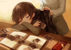 Rule 34 | 2girls, bad id, bad twitter id, bow, box, brown hair, desk, erica hartmann, gertrud barkhorn, gift, gift box, hair bow, hands on shoulders, image sample, indoors, jacket, jacket on shoulders, kodamari, long hair, minna-dietlinde wilcke, multiple girls, photo (object), photo album, shadow, sleeping, strike witches, twintails, world witches series