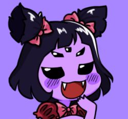 Rule 34 | 1girl, arthropod girl, bad id, bad pixiv id, black eyes, black hair, blush, blush stickers, bow, chibi, colored skin, extra eyes, fangs, gyate gyate, hair bow, half-closed eyes, hand to own mouth, insect girl, lowered eyelids, lowres, monster, monster girl, muffet, open mouth, portrait, puffy sleeves, purple background, purple skin, purple theme, short twintails, simple background, smile, solo, spider girl, twintails, two side up, undertale, upper body, yaruky